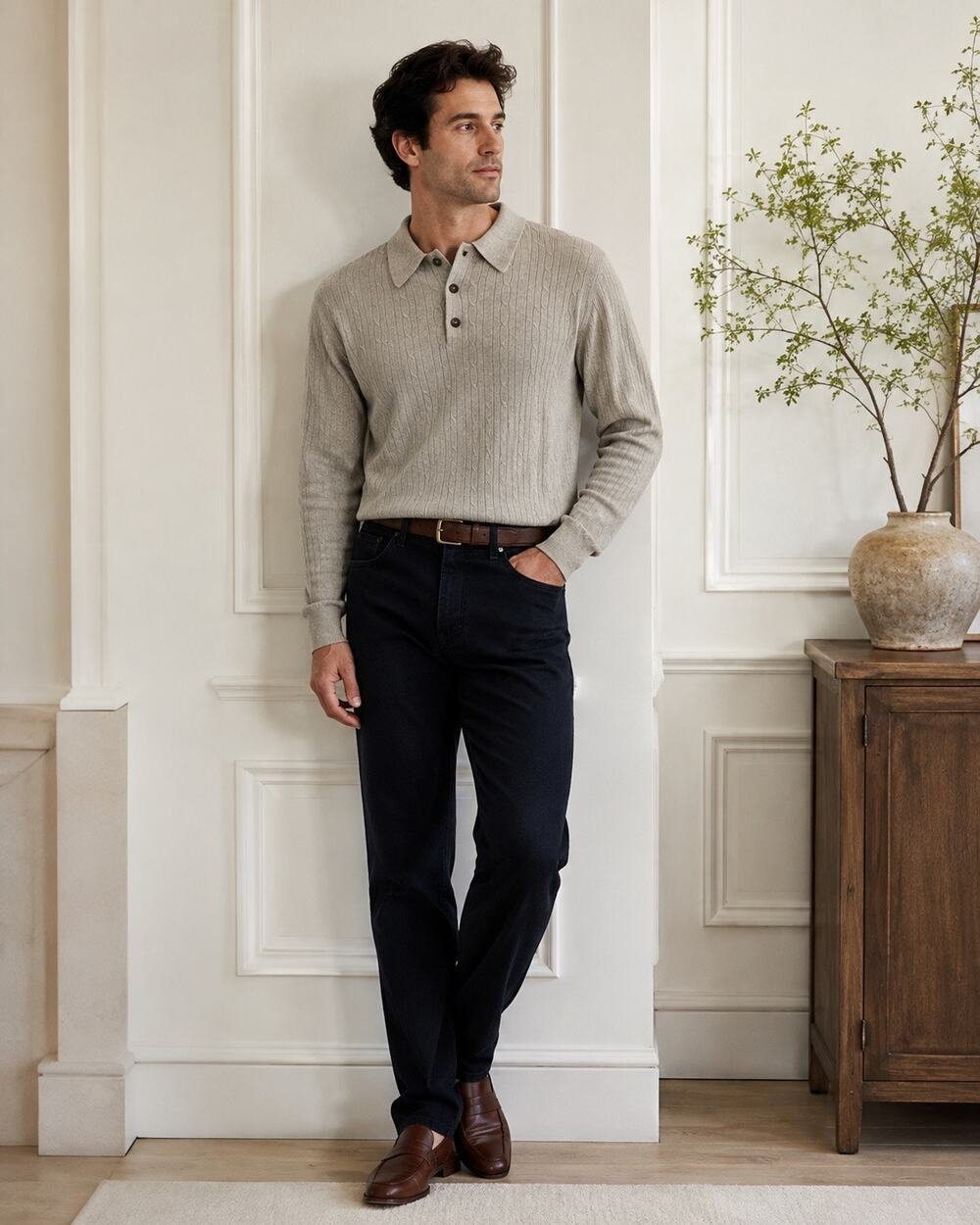 Vintage Louis Roth Men Sz M Silk Cashmere Cable Knit Polo Sweater Quiet Luxury